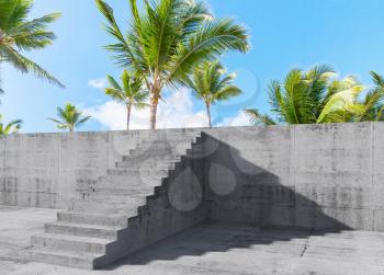 Concrete stairs goes up on the wall with palm trees behind, mixed media with 3d rendering illustration