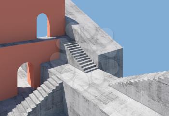 Abstract minimal architectural background with concrete stairs and red walls with empty arches, 3d rendering illustration