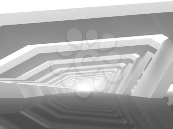Abstract digital background with empty white endless tunnel perspective. 3d rendering illustration