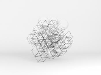 Abstract high-tech installation of random sized wire-frame cubes over white background. Digital cloudy data storage concept. 3d rendering illustration
