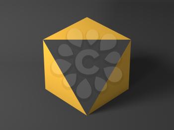 Abstract minimal installation, yellow cube with cutted dark corner. 3d rendering illustration
