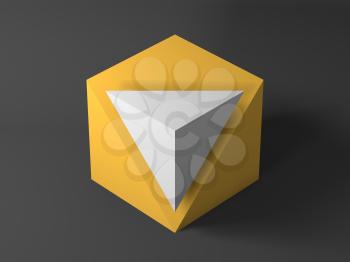 Abstract minimal installation, yellow cube with white pyramid shaped corner. 3d rendering illustration