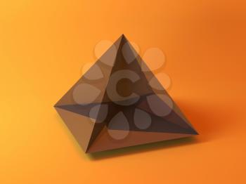 Abstract geometric installation, shiny black pyramid crystal over yellow background. 3d rendering illustration