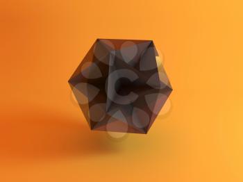 Abstract geometric installation, shiny black Icosahedron crystal over yellow background. 3d rendering illustration