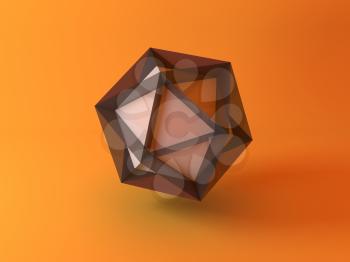 Abstract geometric installation, shiny black white Icosahedron crystal over yellow background. 3d rendering illustration