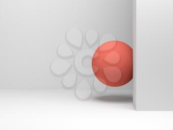 Abstract white interior with flying red sphere in soft shadowed niche, minimal architecture background, 3d rendering illustration