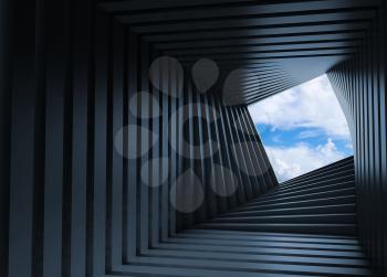 Abstract dark tunnel background, twisted interior with blue sky beyond square window at the end. 3d rendering illustration