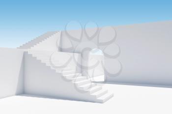 Abstract white architectural background with stairs and empty arch under blue sky, 3d render illustration