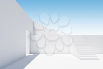 Abstract white interior with stairs and arch under blue sky, 3d rendering illustration