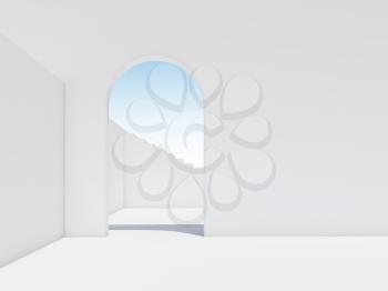 Abstract blank white interior fragment with an empty arch, 3d rendering illustration