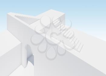 Abstract blank white architectural background with stairs and an empty arch under blue sky, 3d rendering illustration
