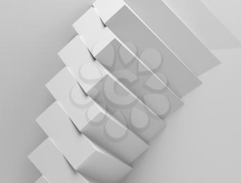 Abstract parametric geometric architectural background, white spiral installation of boxes mounted on white wall, 3d rendering illustration 