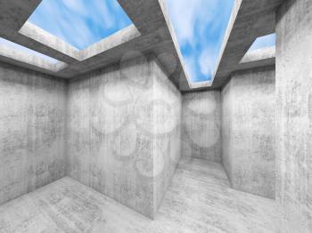 Abstract empty room interior with concrete walls and thin rectangular skylights, 3d rendering illustration