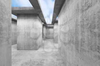 Abstract empty concrete interior, hall with concrete walls and thin rectangular skylights in ceiling, 3d render illustration