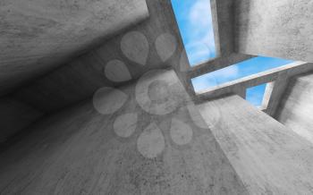 Abstract concrete interior background, wide angle view with blank gray walls and rectangular skylights, 3d rendering illustration