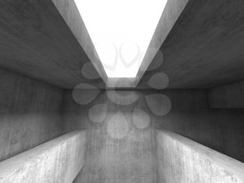 Abstract empty hall background, gray concrete interior, walls, girders, and blank white ceiling skylight, 3d rendering illustration