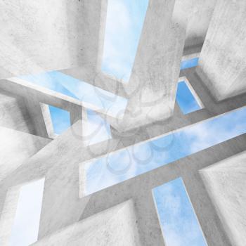 Abstract white concrete background with blue skylights, digital  illustration with double exposure effect, mixed media. 3d rendering illustration 