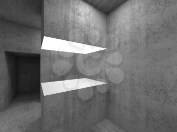 Illuminated blank white exhibition stand, empty concrete showroom interior. 3d rendering illustration