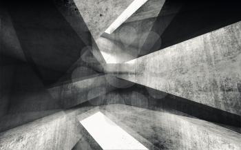 Abstract dark mixed media background. Intersected concrete corners, digital illustration with double exposure effect, 3d render 