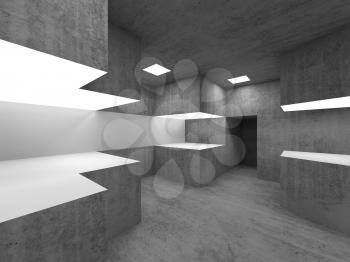 Empty concrete room interior with illuminated white exhibition stands. 3d rendering illustration