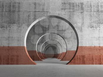 Abstract empty concrete interior background, grungy gallery with round empty doorways, 3d render illustration