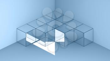 Abstract digital illustration with geometric mirror cubes installation in an empty blue corner, minimal background, 3d render illustration
