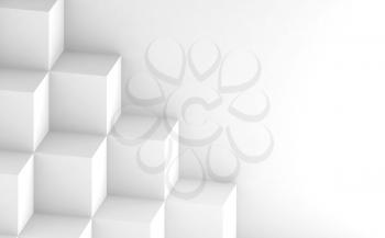 Abstract digital illustration with geometric white cubes pattern over blank wall background, 3d render illustration
