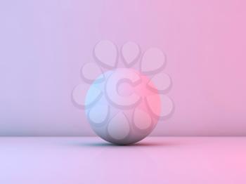 White sphere with soft shadow standing over white background with colorful illumination, 3d rendering illustration