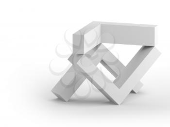 Abstract white equilibrium still life installation with three corners standing on white background. 3d rendering illustration