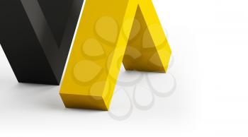 Abstract still life installation with yellow and black corners standing on white background. 3d rendering illustration