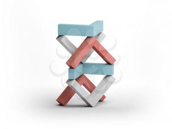 Abstract equilibrium still life installation with tower of colorful balancing corners standing on white background with soft shadow. 3d rendering illustration