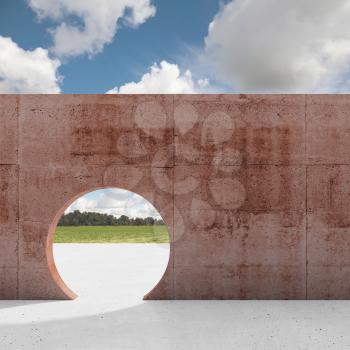 Abstract contemporary architectural background. Empty interior with round doorway in pink concrete wall under cloudy sky at daytime, square mixed media 3d rendering illustration