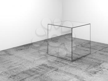 Mirror cube stands on concrete floor in a white empty room, abstract installation art, 3d rendering illustration