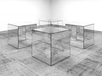 Four mirror cubes stand in white room interior with gray concrete floor, abstract installation art, 3d rendering illustration