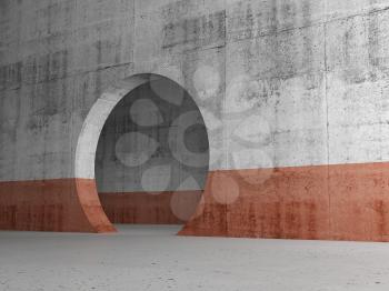 Abstract empty concrete interior background, grungy hall with round empty doorway, 3d rendering illustration