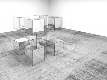 Mirror cubes are in a white room with gray concrete floor, abstract installation art, 3d rendering illustration