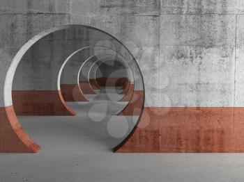 Abstract empty concrete tunnel interior background, grungy gallery with round empty doorways, 3d rendering illustration
