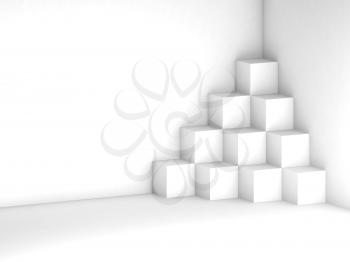 Abstract geometric background  with white cubes installation in a corner of blank white room, 3d render illustration