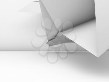 Abstract background, white interior with chaotic triangular installation near wall, 3d rendering illustration
