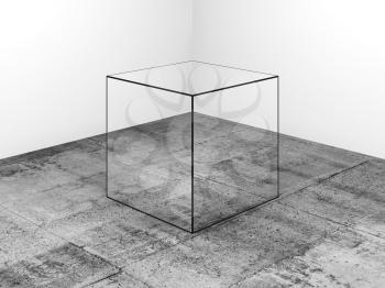 Mirror cube stands in a white room with dark concrete floor, abstract installation art, 3d render illustration