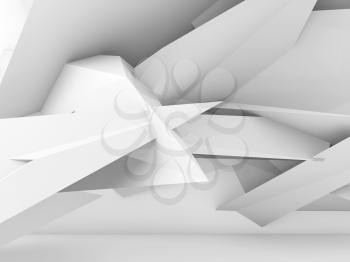 Chaotic white triangular installation, abstract cgi background. 3d rendering illustration