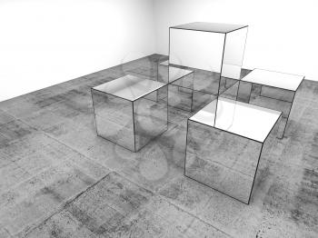 Mirror cubes installation is in a white room with dark gray concrete floor, abstract installation art, 3d render illustration