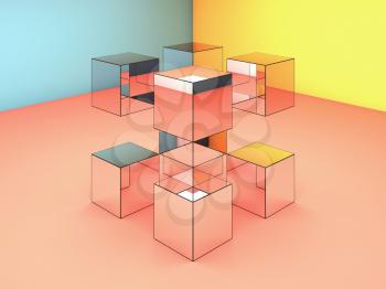 Abstract mirror cubes installation is in a room with colorful walls, contemporary installation art, 3d render illustration
