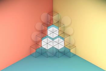 Abstract mirror cubes pyramid installation is in a corner of room with colorful walls, contemporary installation art, 3d render illustration