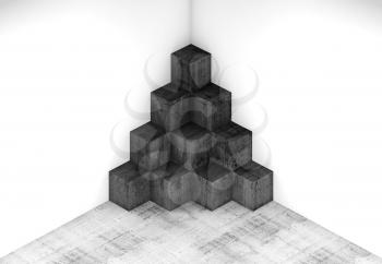Abstract digital illustration with geometric dark cubes installation in white corner of an empty room, minimal interior background, 3d render illustration