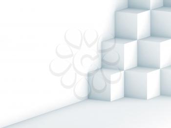 Abstract digital illustration with geometric cubes installation near blank white wall background, 3d render illustration