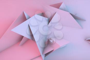 Abstract colorful cgi background with chaotic triangular installation over wall, 3d rendering illustration