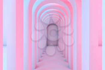 Empty corridor of arches with colorful illumination, abstract interior background. Frontal view, 3d rendering illustration