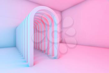 Corridor of arches in an empty room with colorful illumination, abstract digital background, 3d rendering illustration