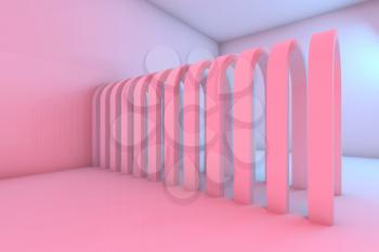 Corridor of arches in an empty room interior with colorful illumination, abstract cgi background. 3d rendering illustration